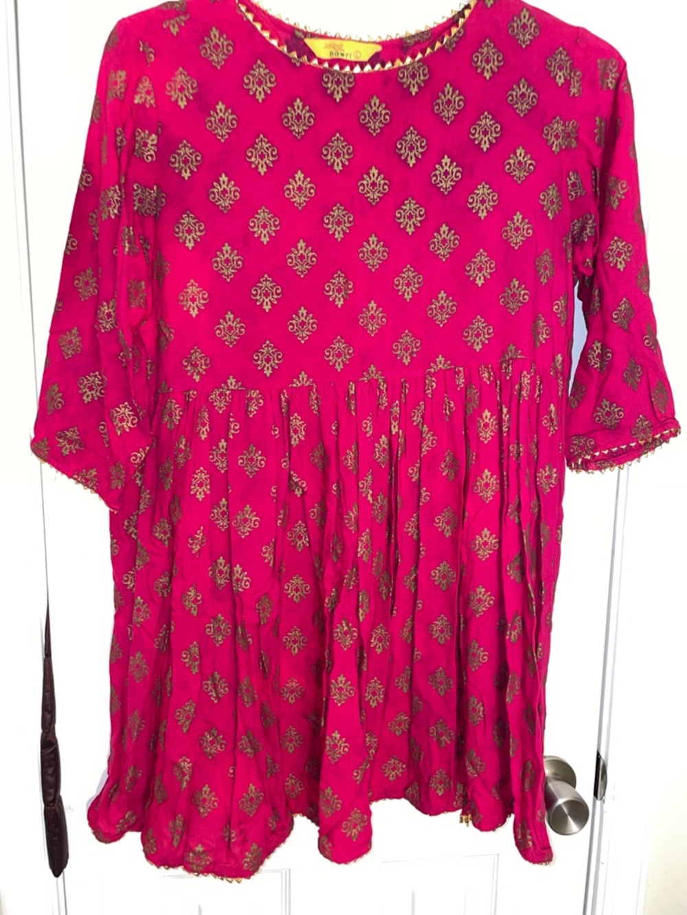 Boho Embroidered Women's Tunic Top - Hot Pink with Gold Accents L